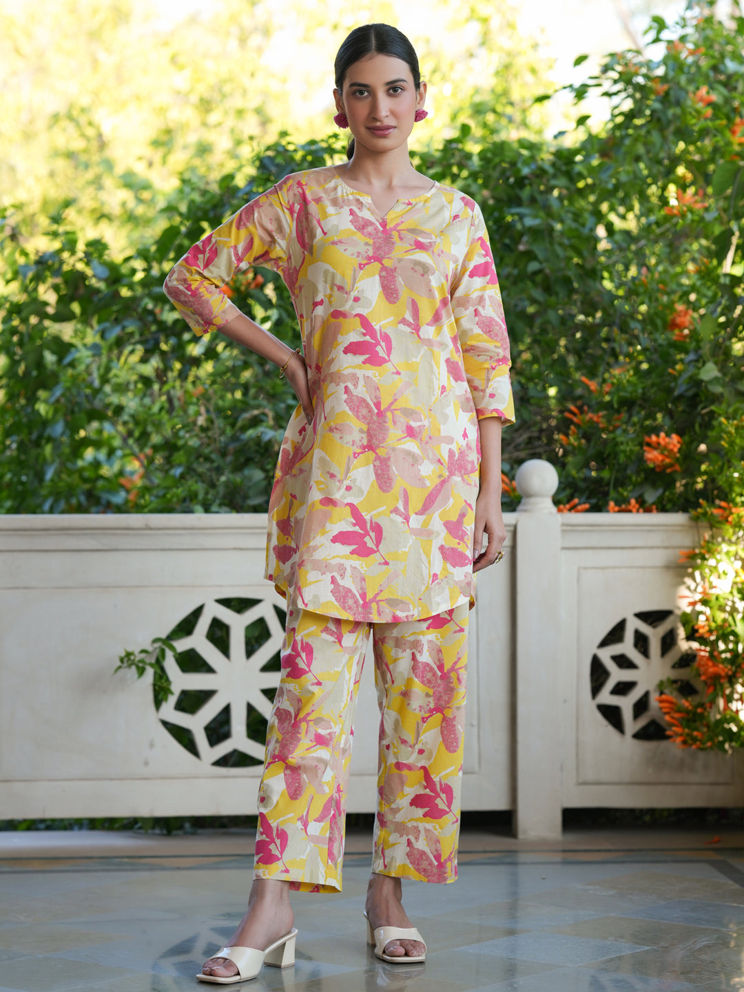 Janasya Bright Cotton Floral Straight Top & Bottom Set | Swadesiicart