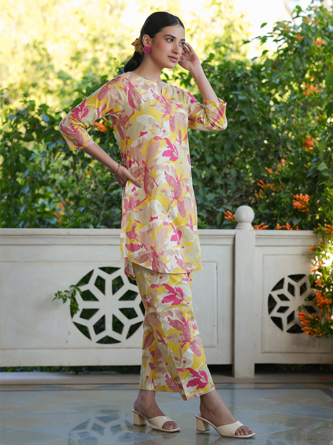 Janasya Bright Cotton Floral Straight Top & Bottom Set | Swadesiicart