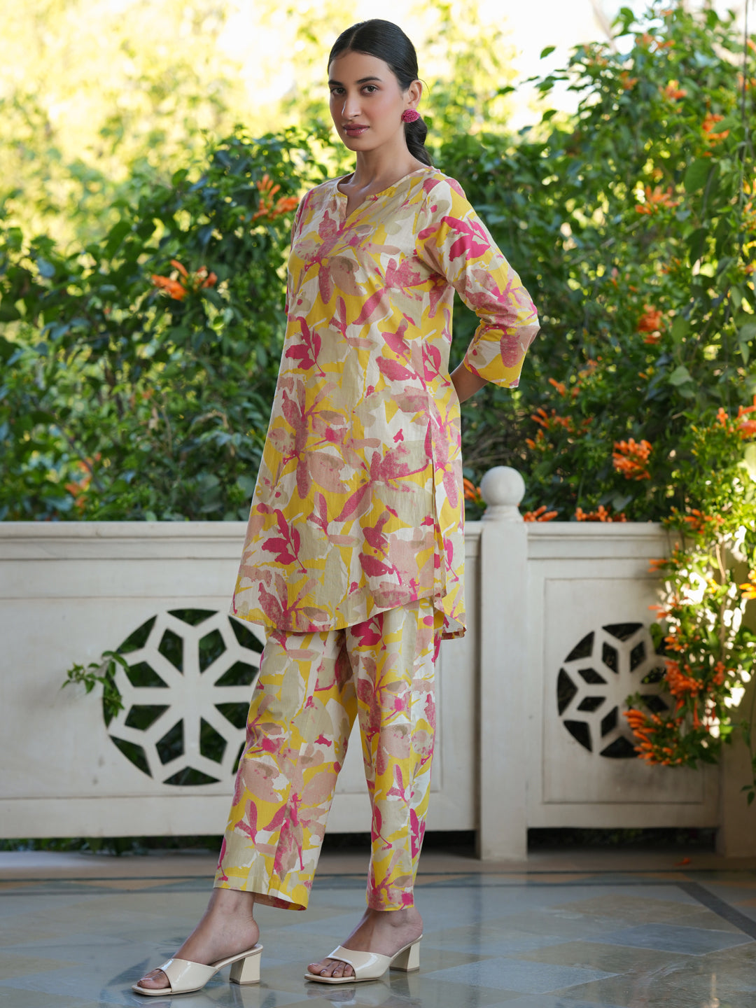 Janasya Bright Cotton Floral Straight Top & Bottom Set | Swadesiicart