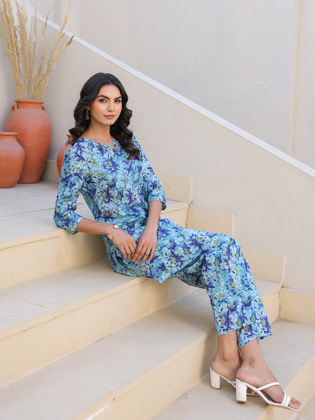 Janasya Bright Cotton Floral Straight Top & Bottom Set | Swadesiicart