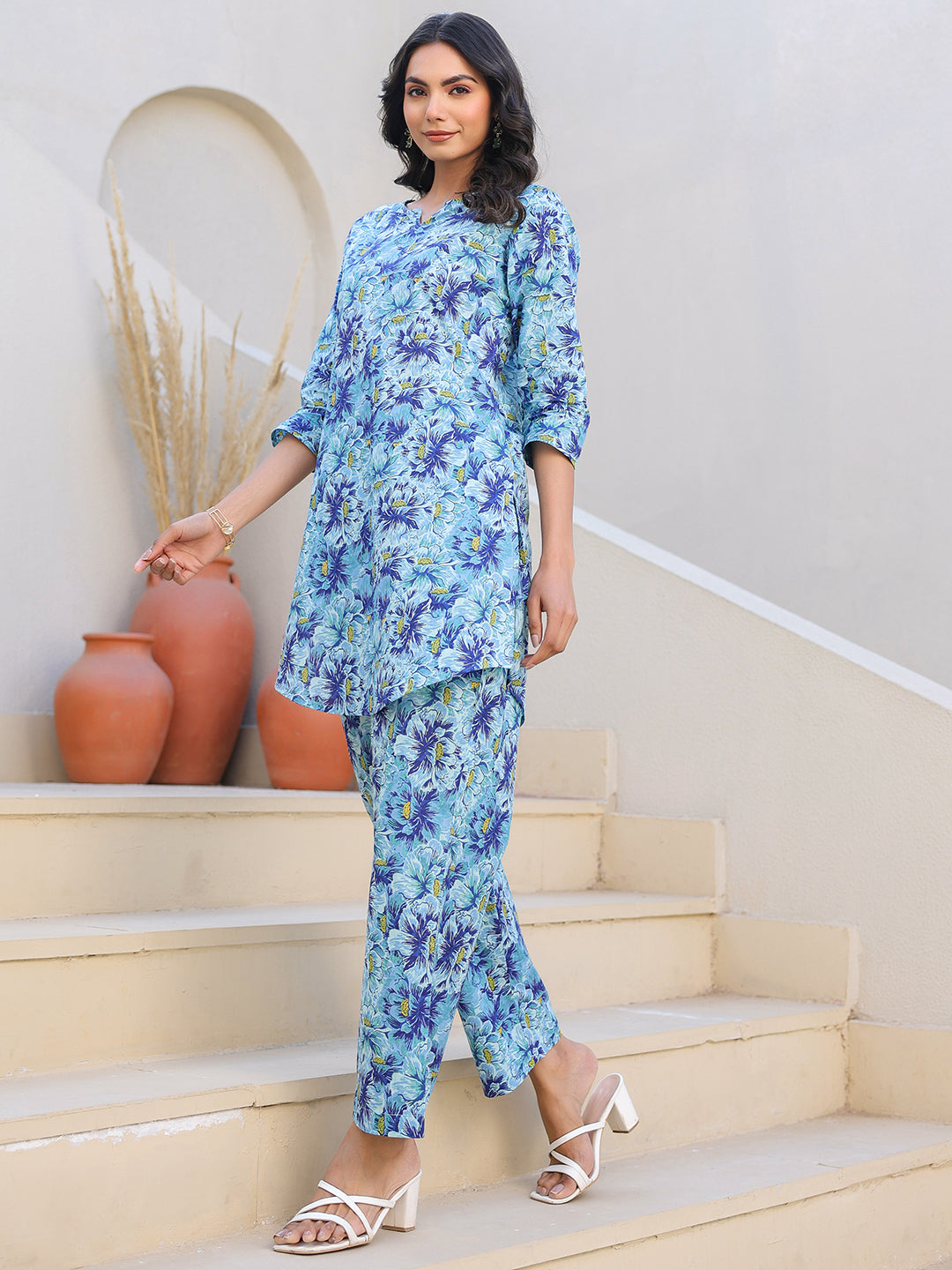 Janasya Bright Cotton Floral Straight Top & Bottom Set | Swadesiicart