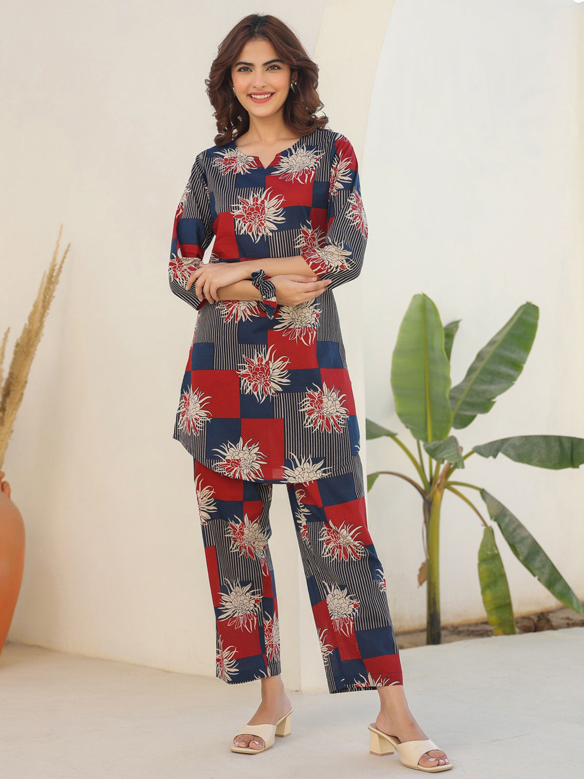 Janasya Dark Cotton Geometric Straight Top & Bottom Set | Swadesiicart