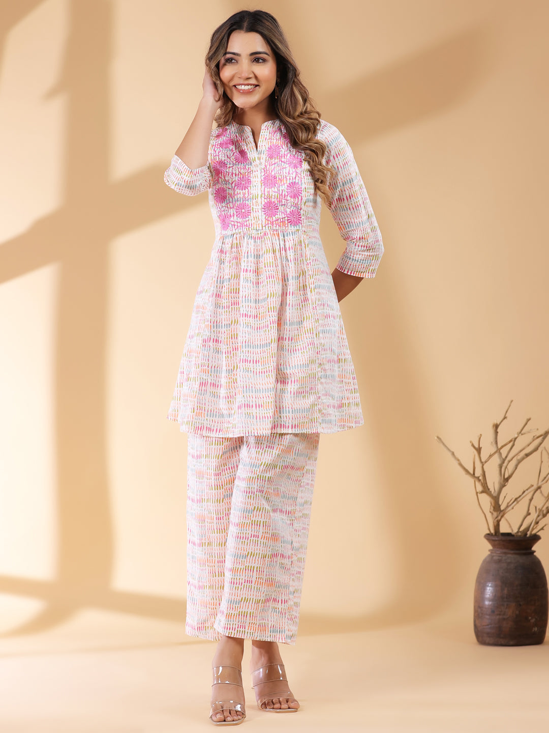 Janasya Light Cotton Abstract A-Line Top & Bottom Set | Swadesiicart