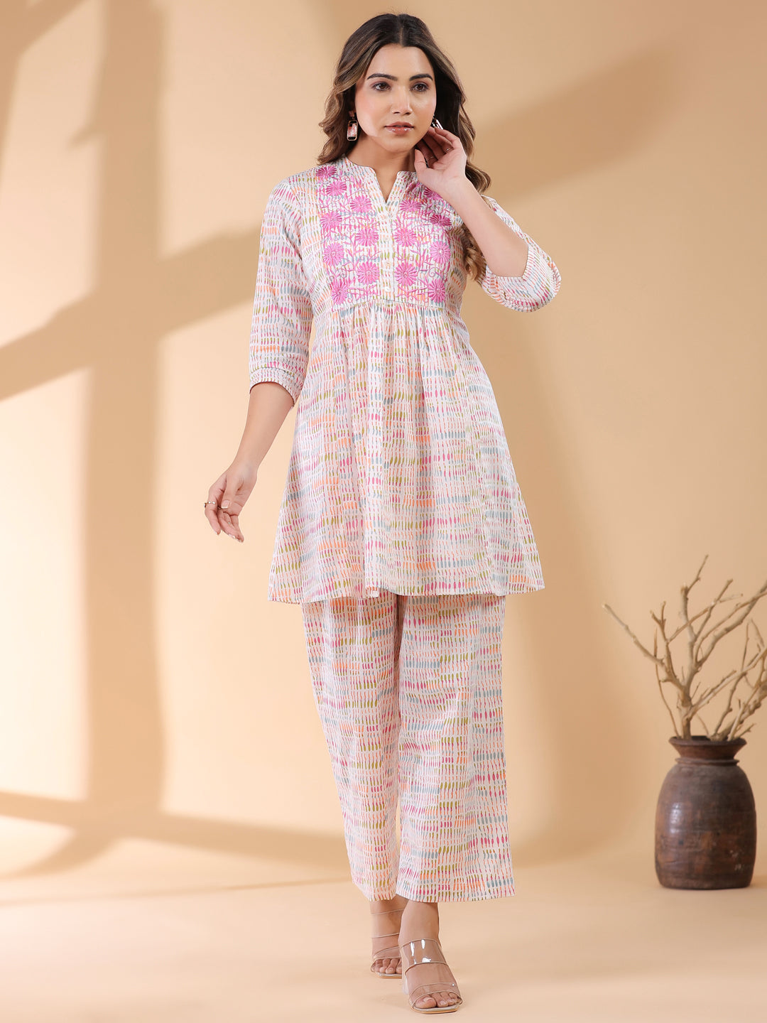 Janasya Light Cotton Abstract A-Line Top & Bottom Set | Swadesiicart