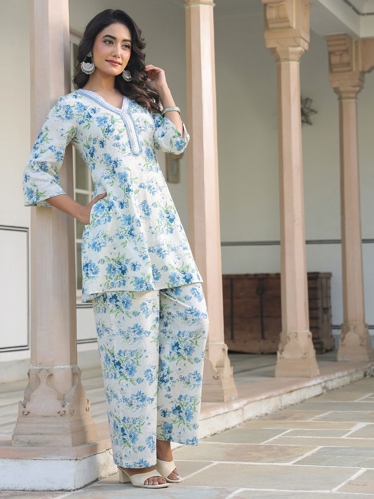 Janasya Light Cotton Yoke Embroidery A-Line Top & Bottom Set | Swadesiicart