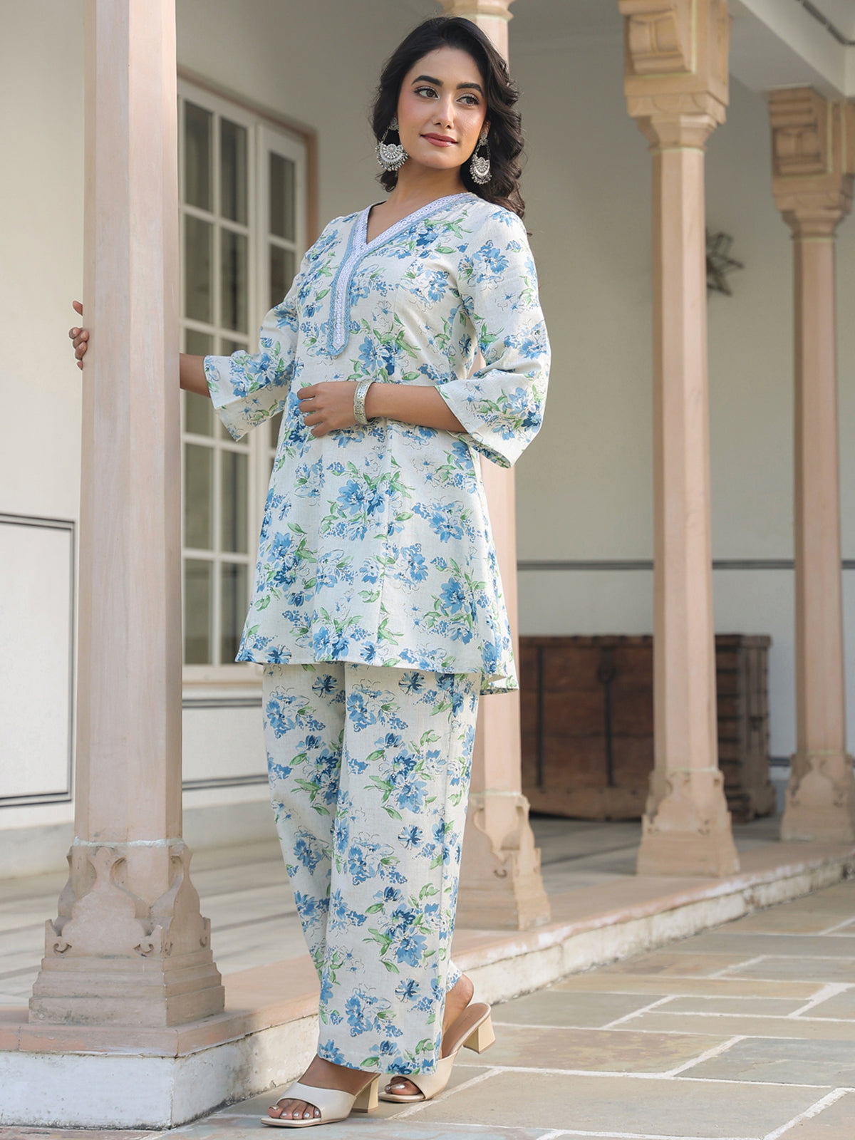 Janasya Light Cotton Yoke Embroidery A-Line Top & Bottom Set | Swadesiicart