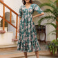 Janasya Dark Cotton Floral Tiered Dress | Swadesiicart