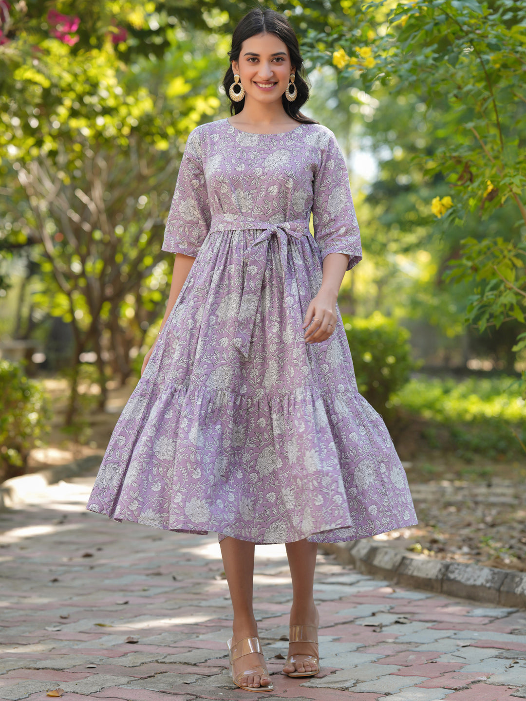 Janasya Light Cotton Floral Tiered Dress | Swadesiicart