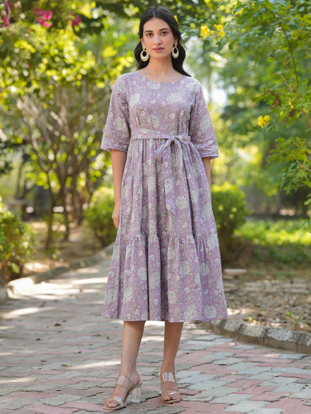 Janasya Light Cotton Floral Tiered Dress | Swadesiicart