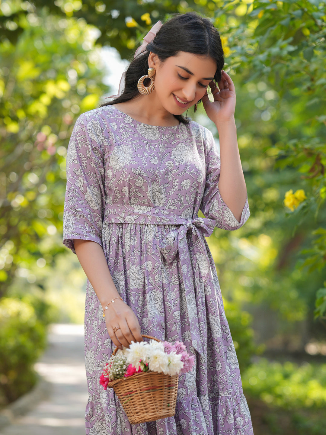 Janasya Light Cotton Floral Tiered Dress | Swadesiicart