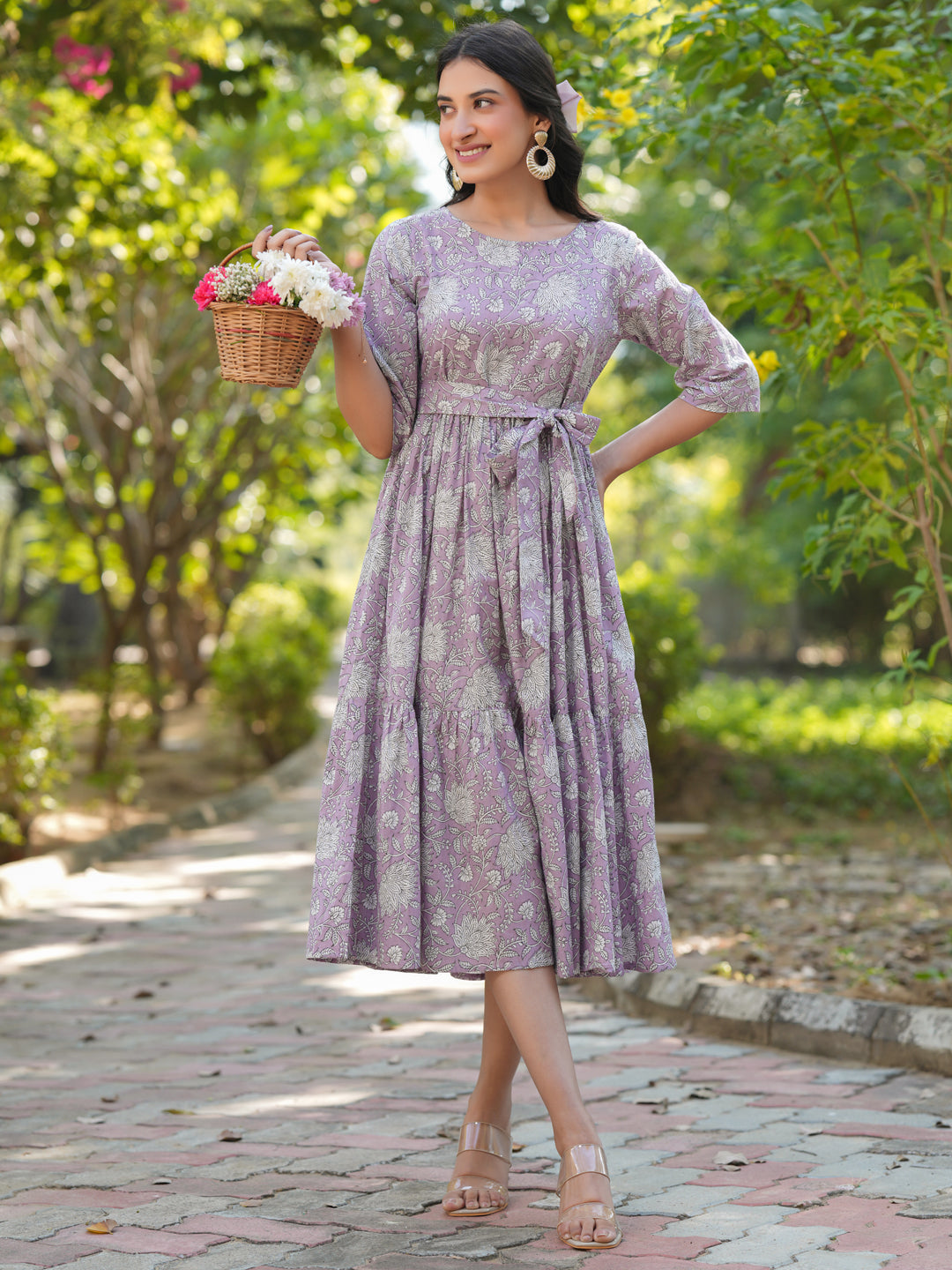 Janasya Light Cotton Floral Tiered Dress | Swadesiicart