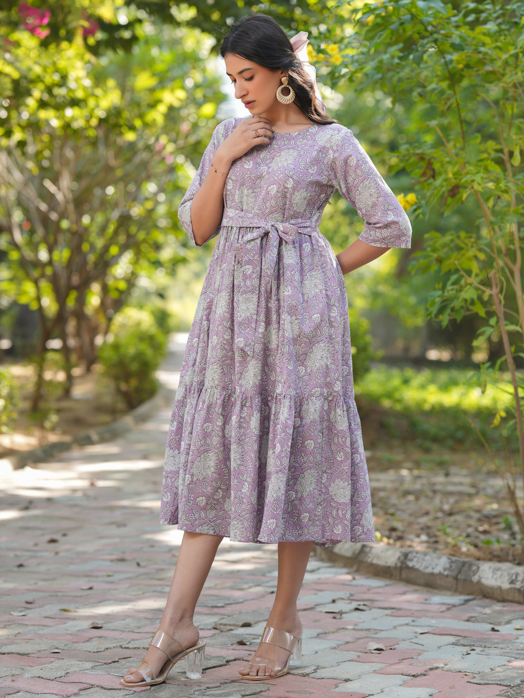 Janasya Light Cotton Floral Tiered Dress | Swadesiicart
