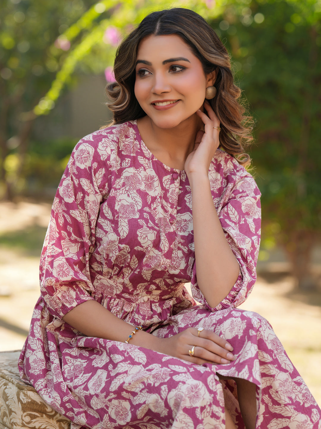 Janasya Light Cotton Floral Gathered Dress | Swadesiicart