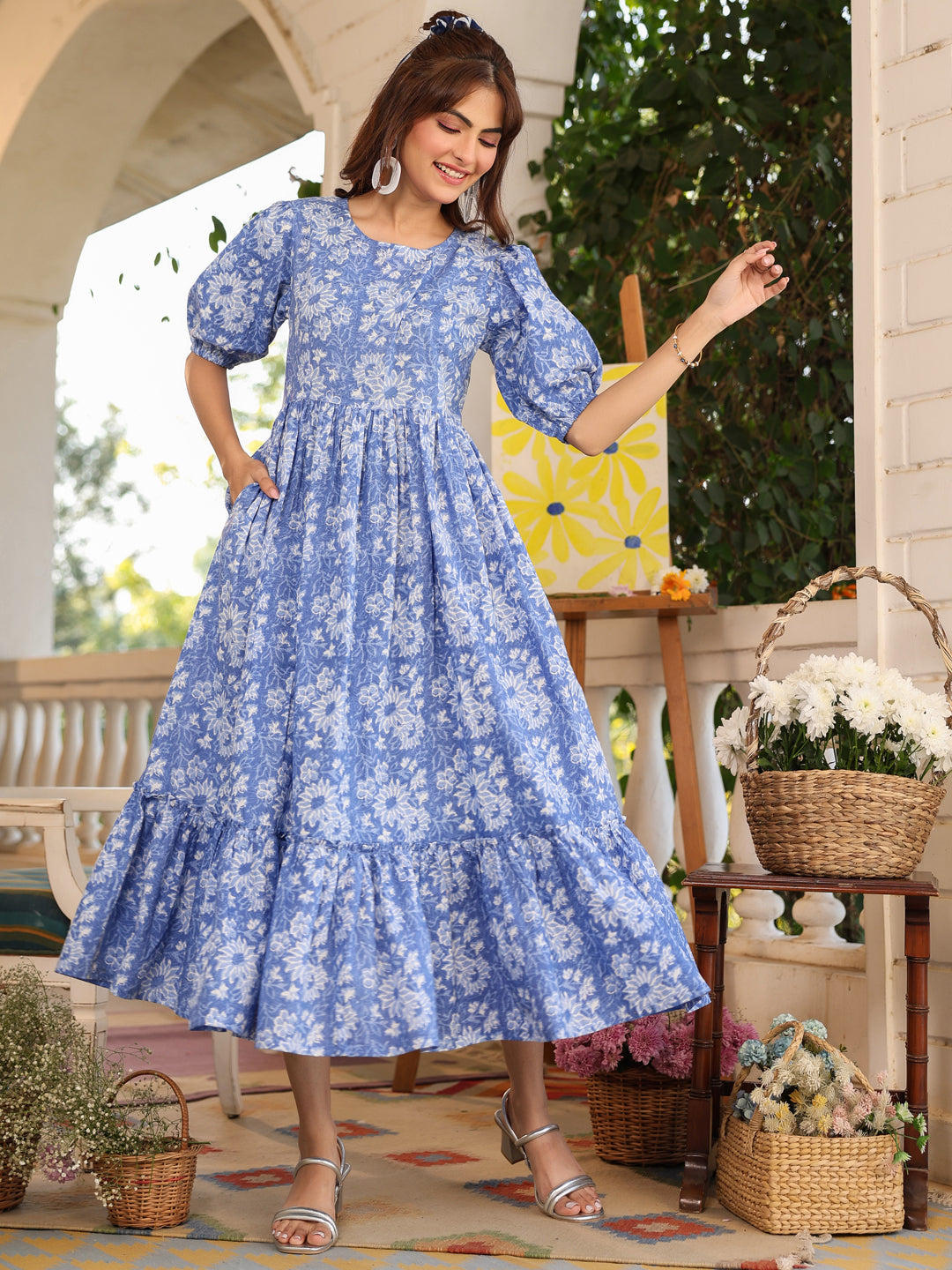 Janasya Light Cotton Floral Tiered Dress | Swadesiicart