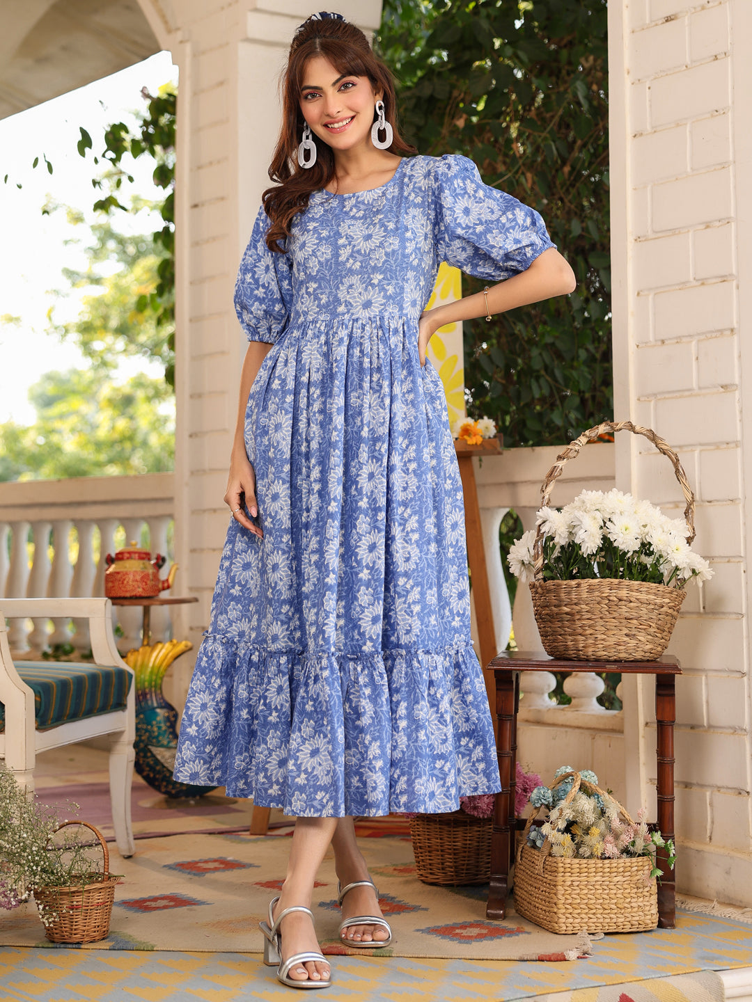 Janasya Light Cotton Floral Tiered Dress | Swadesiicart