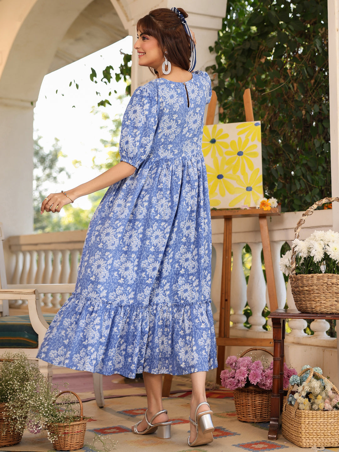 Janasya Light Cotton Floral Tiered Dress | Swadesiicart