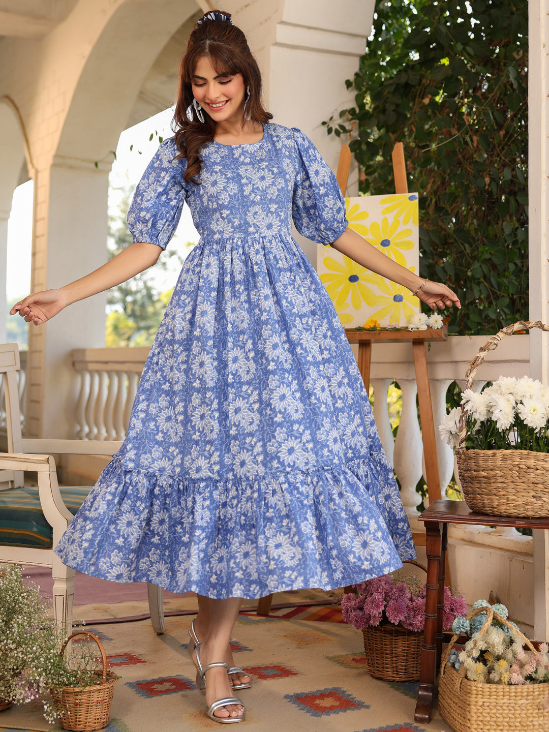 Janasya Light Cotton Floral Tiered Dress | Swadesiicart