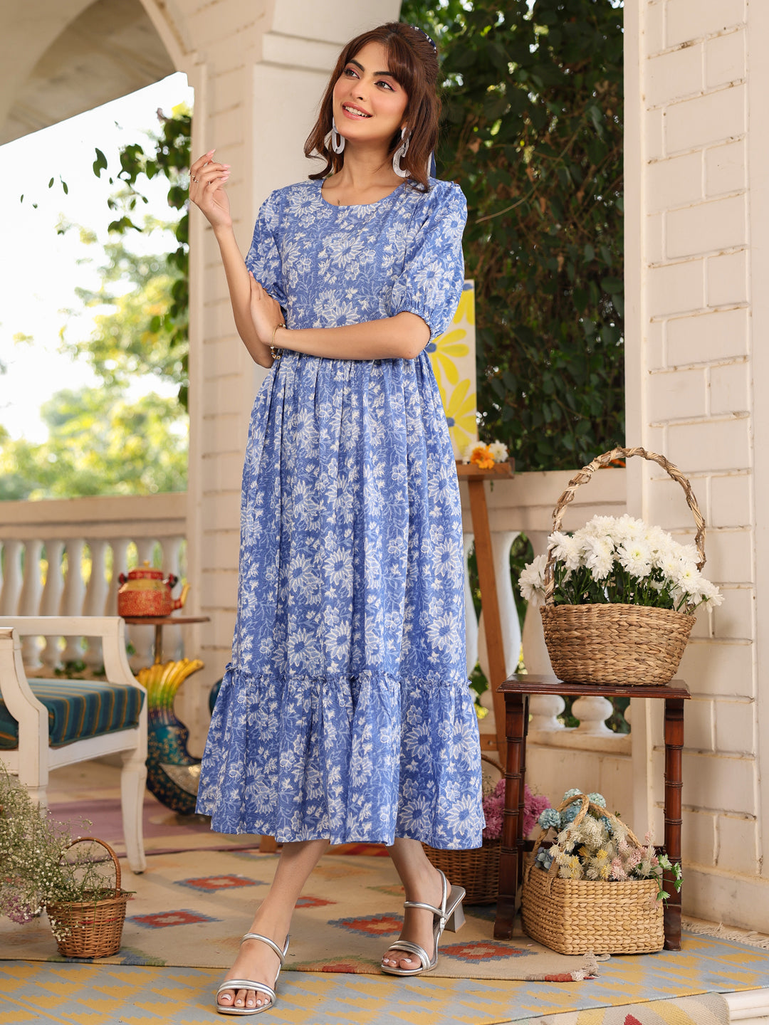 Janasya Light Cotton Floral Tiered Dress | Swadesiicart