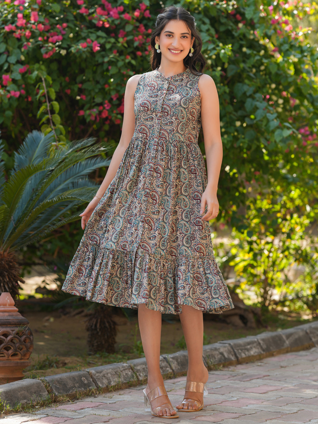 Janasya Dark Cotton Paisley A-Line Dress | Swadesiicart