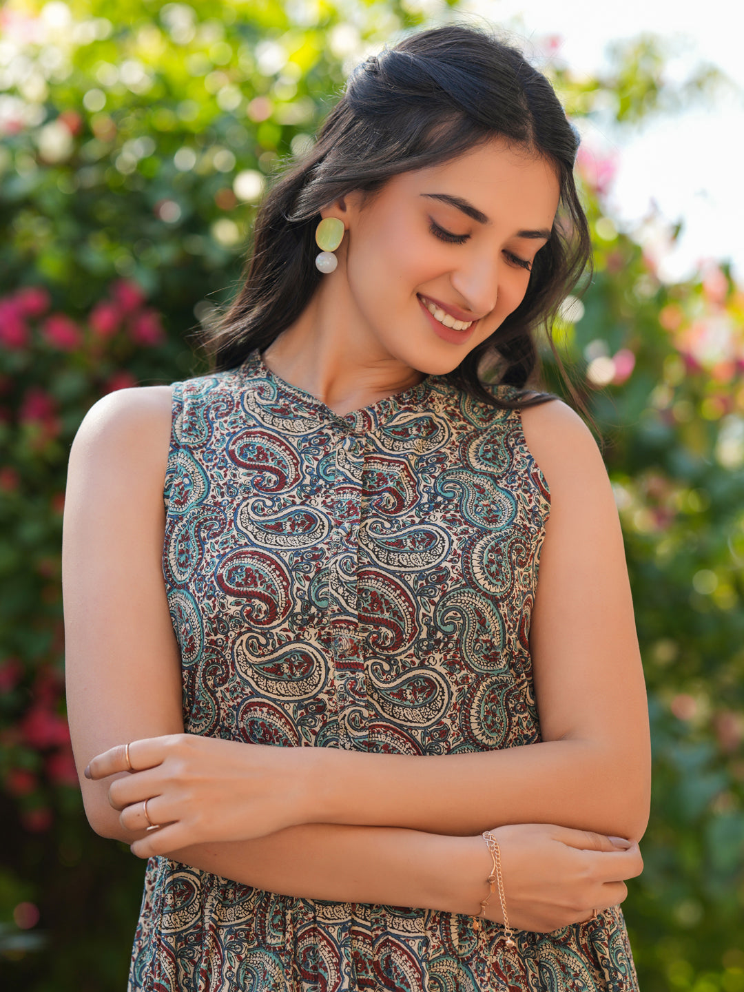Janasya Dark Cotton Paisley A-Line Dress | Swadesiicart