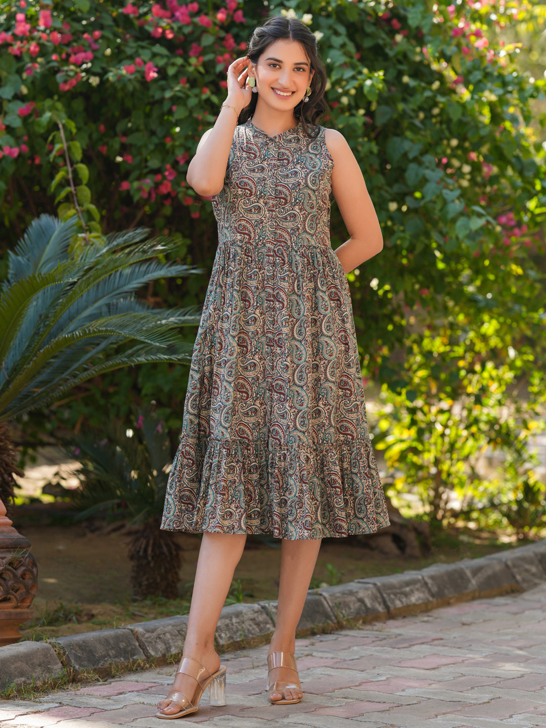 Janasya Dark Cotton Paisley A-Line Dress | Swadesiicart