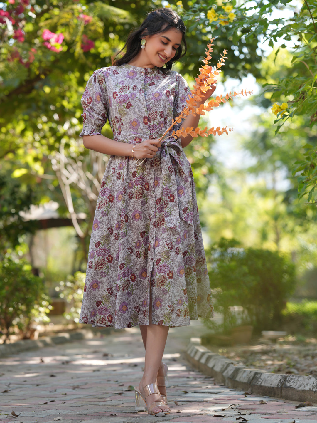 Janasya Dark Cotton Floral A-Line Dress | Swadesiicart