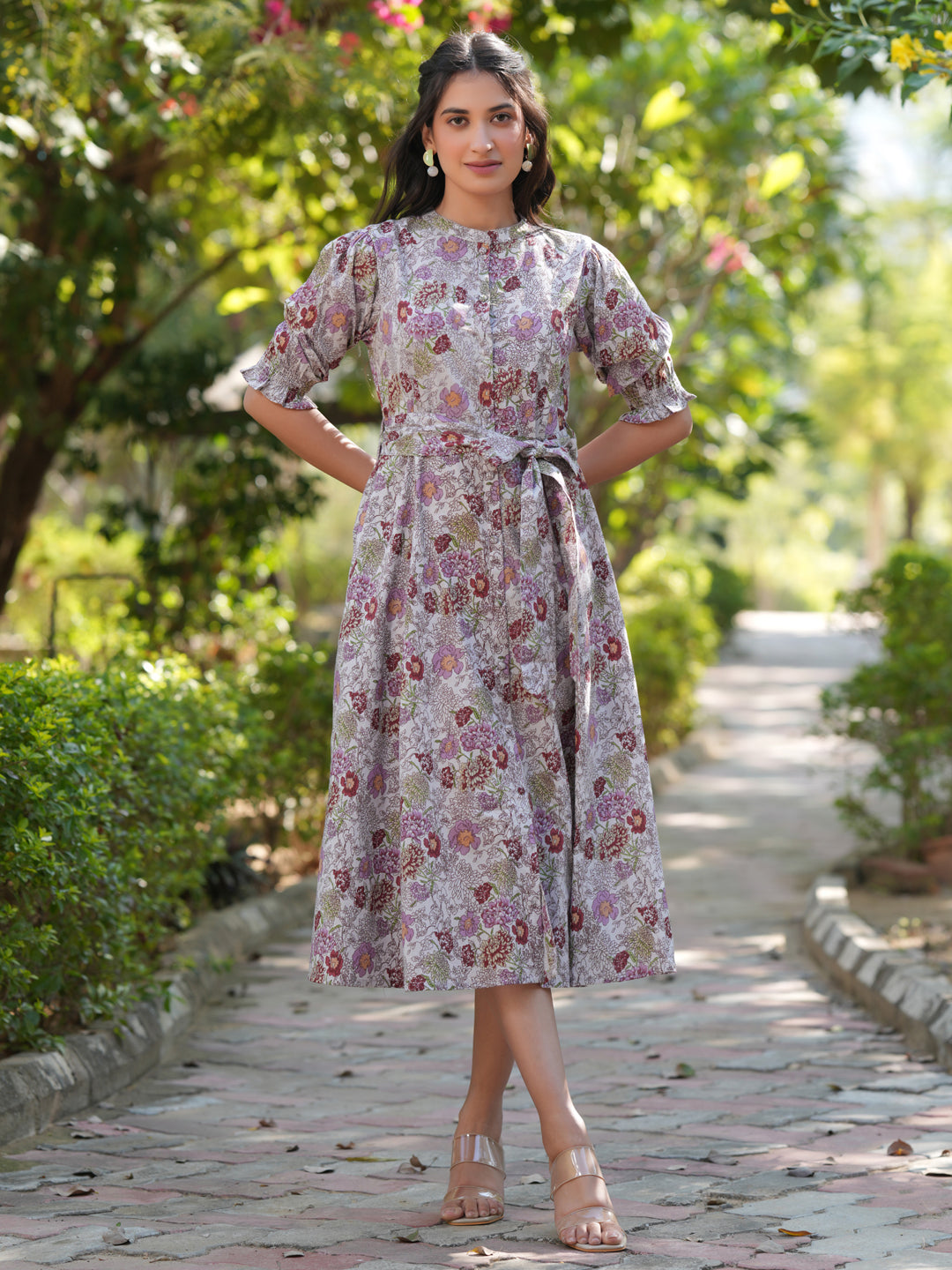 Janasya Dark Cotton Floral A-Line Dress | Swadesiicart