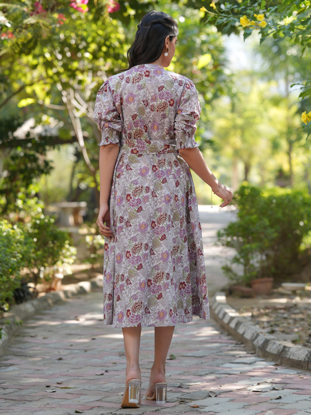 Janasya Dark Cotton Floral A-Line Dress | Swadesiicart