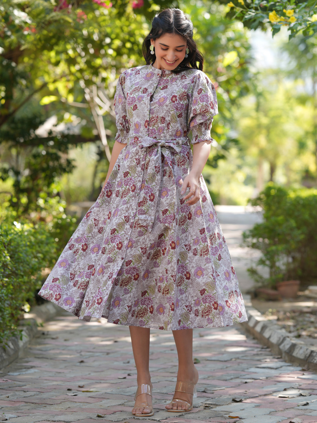 Janasya Dark Cotton Floral A-Line Dress | Swadesiicart