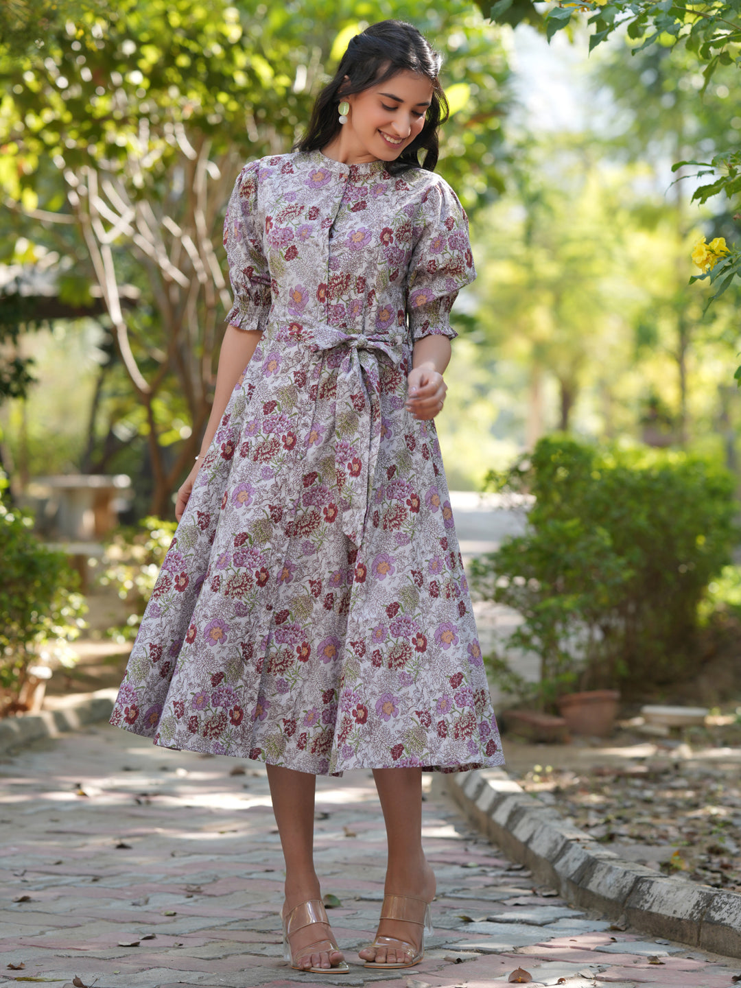 Janasya Dark Cotton Floral A-Line Dress | Swadesiicart