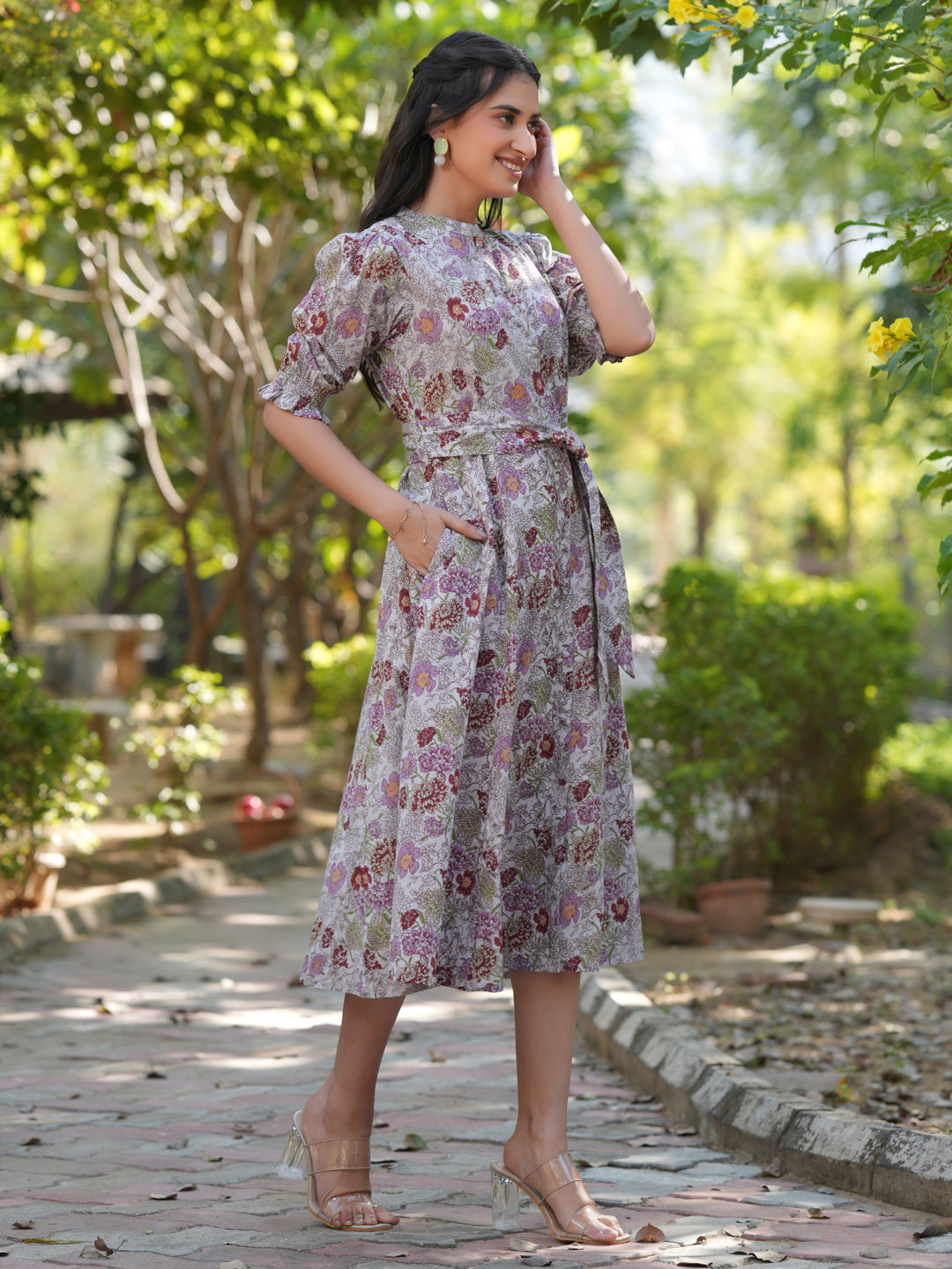 Janasya Dark Cotton Floral A-Line Dress | Swadesiicart