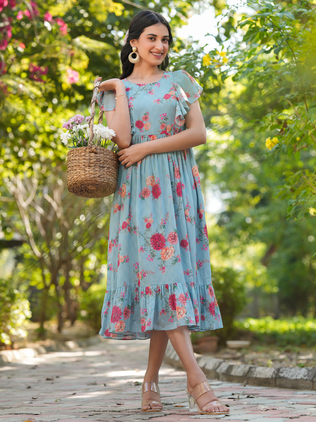 Janasya Bright Georgette Floral Tiered Dress | Swadesiicart