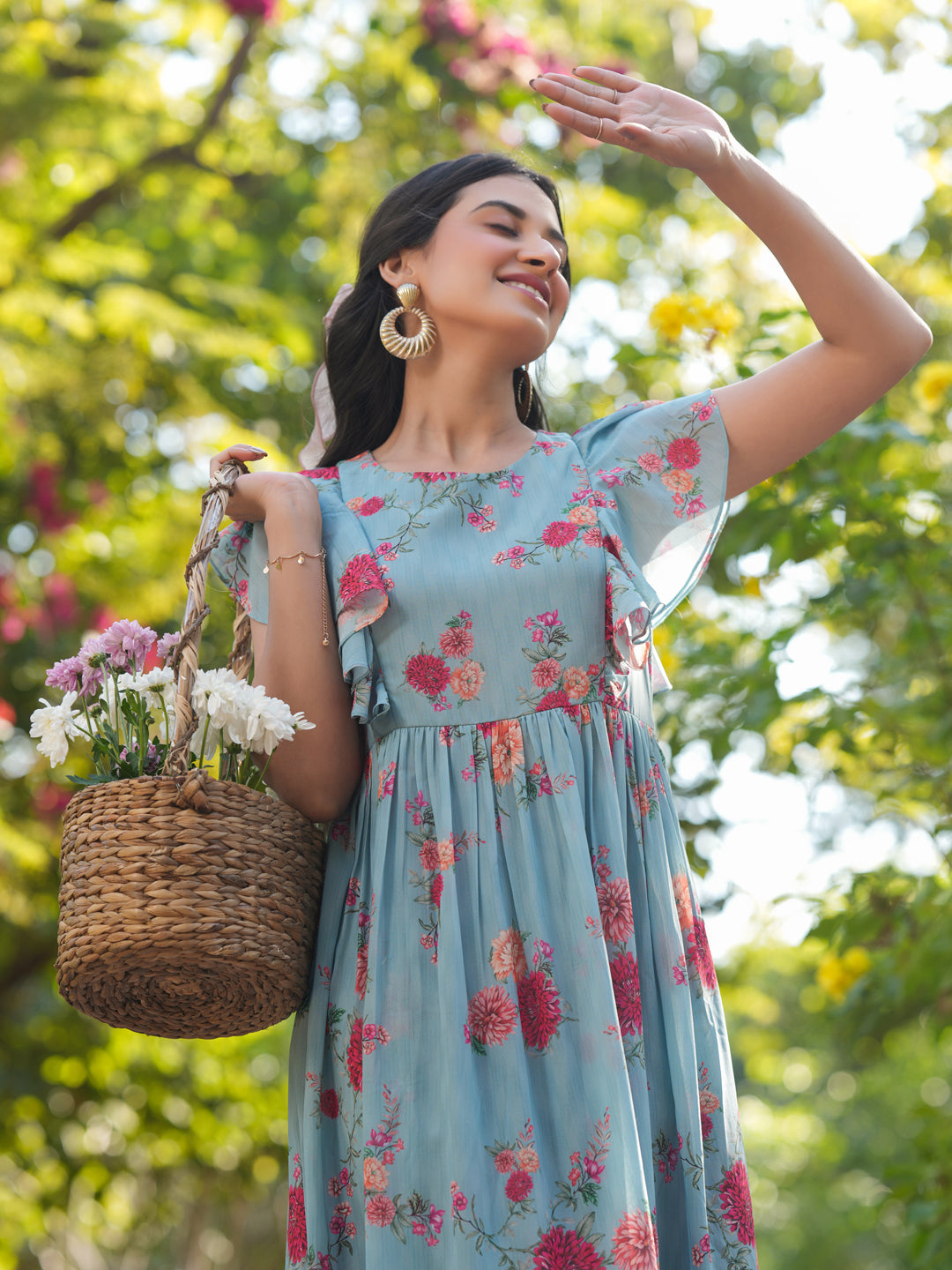 Janasya Bright Georgette Floral Tiered Dress | Swadesiicart