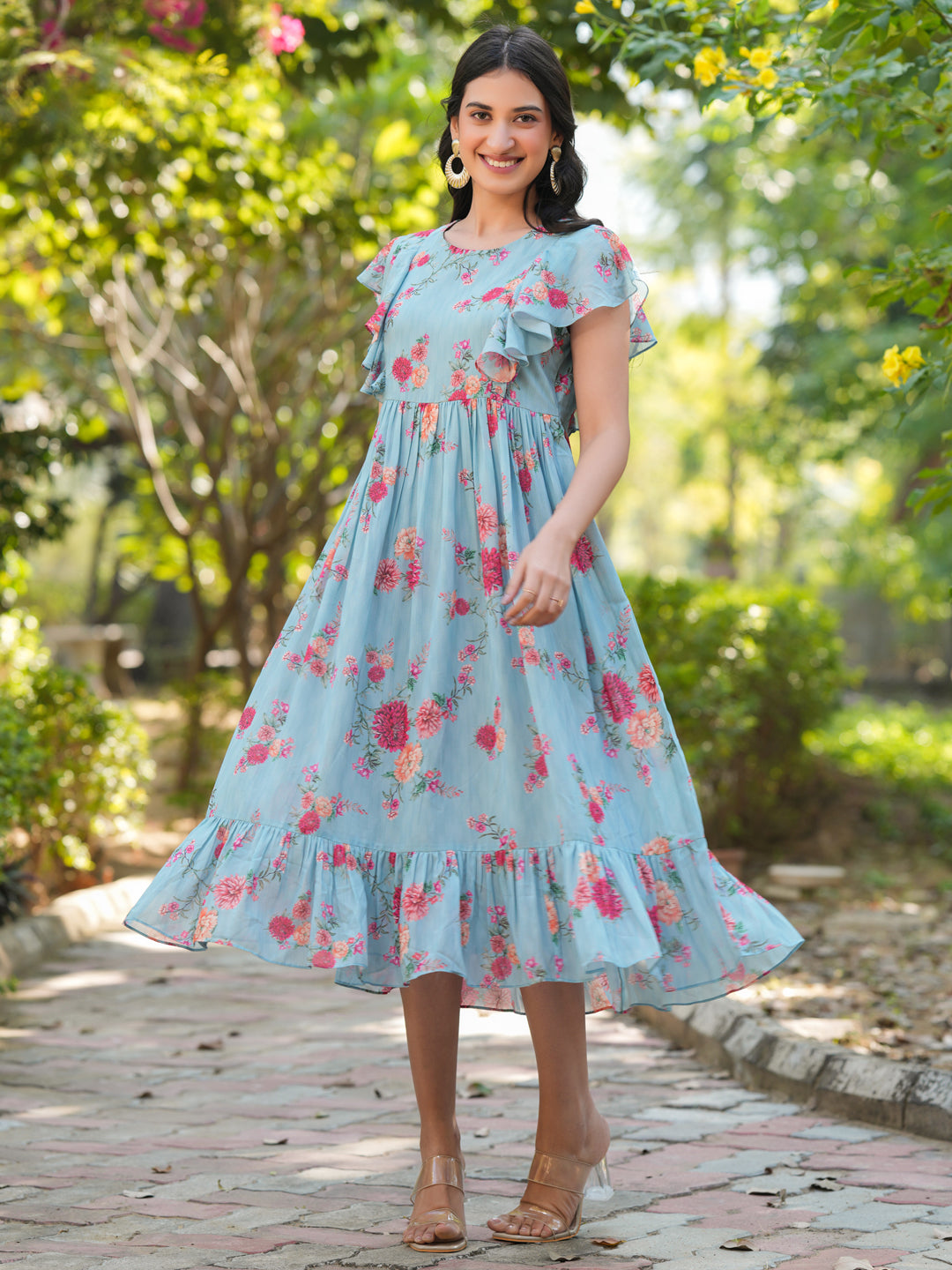Janasya Bright Georgette Floral Tiered Dress | Swadesiicart
