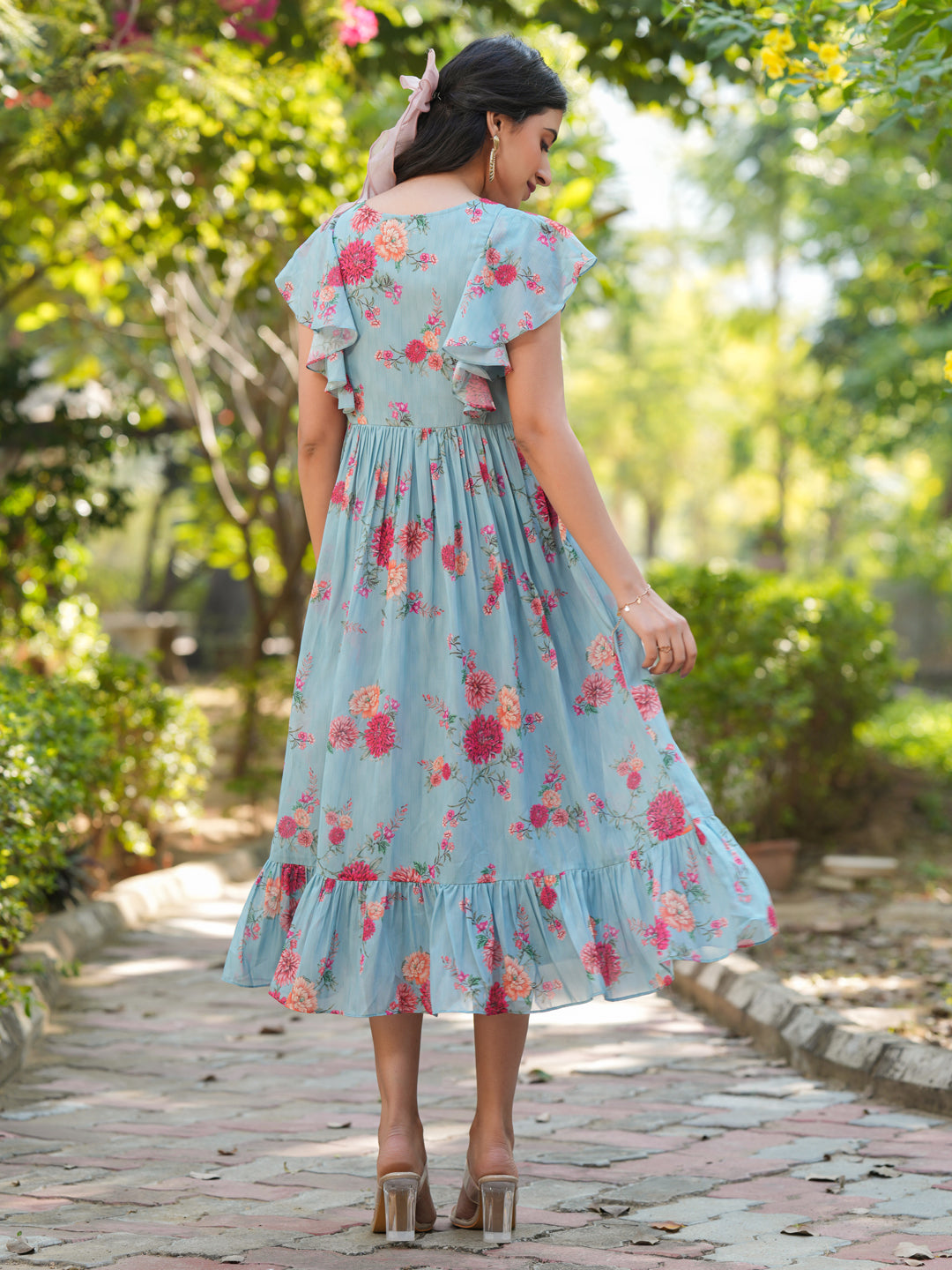 Janasya Bright Georgette Floral Tiered Dress | Swadesiicart