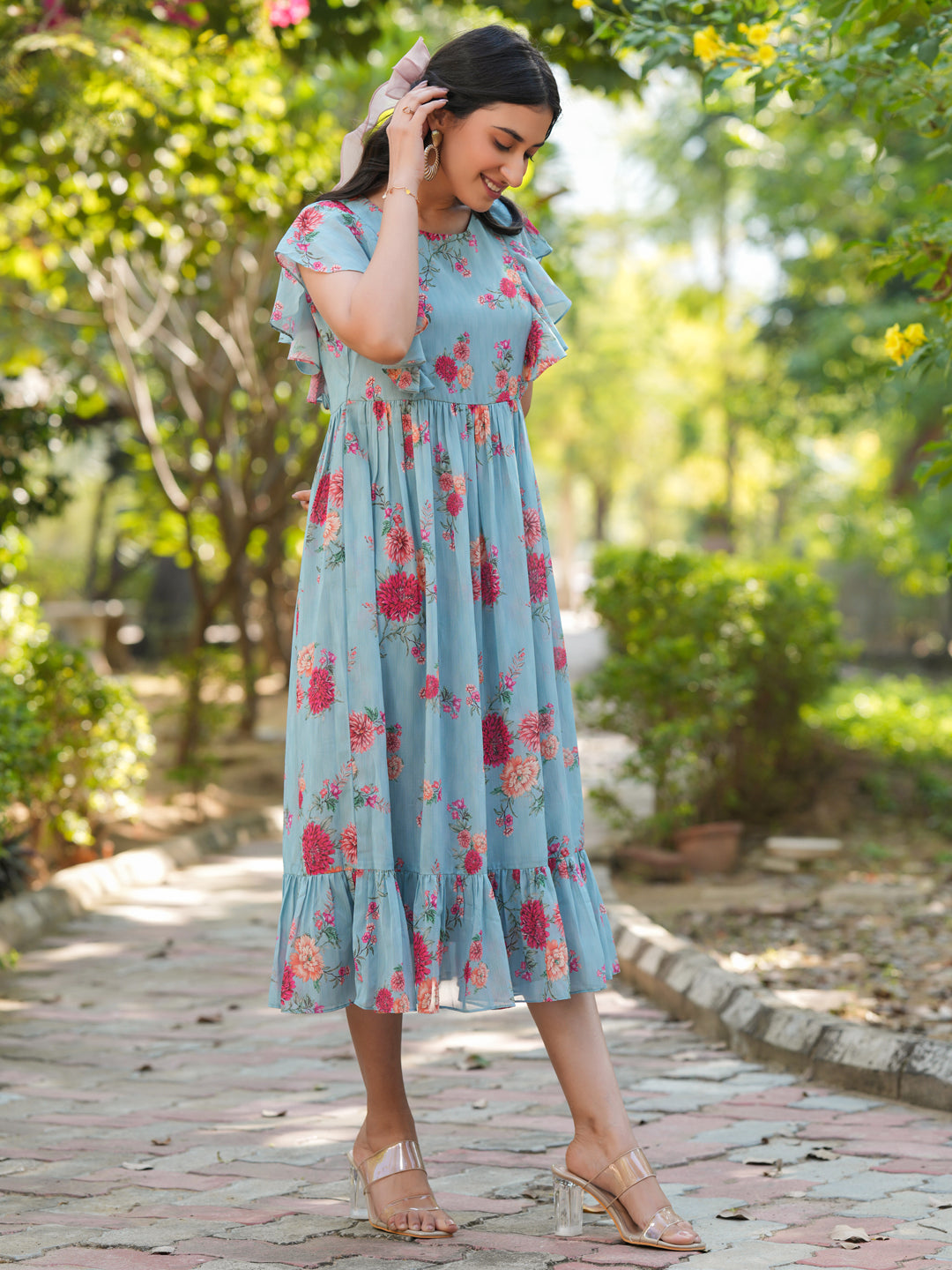 Janasya Bright Georgette Floral Tiered Dress | Swadesiicart