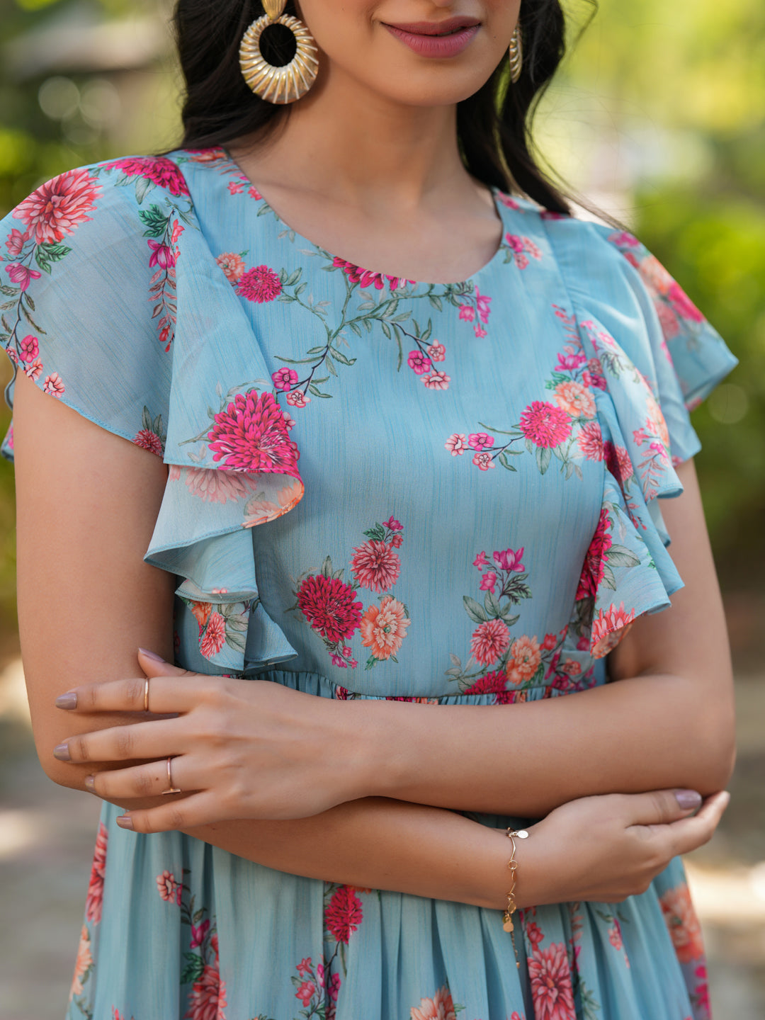 Janasya Bright Georgette Floral Tiered Dress | Swadesiicart