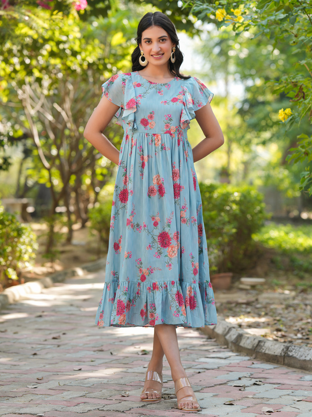 Janasya Bright Georgette Floral Tiered Dress | Swadesiicart