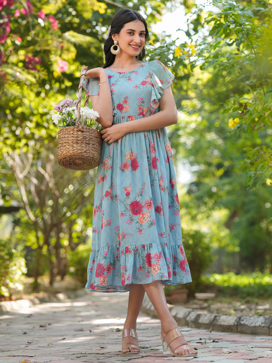 Janasya Bright Georgette Floral Tiered Dress | Swadesiicart