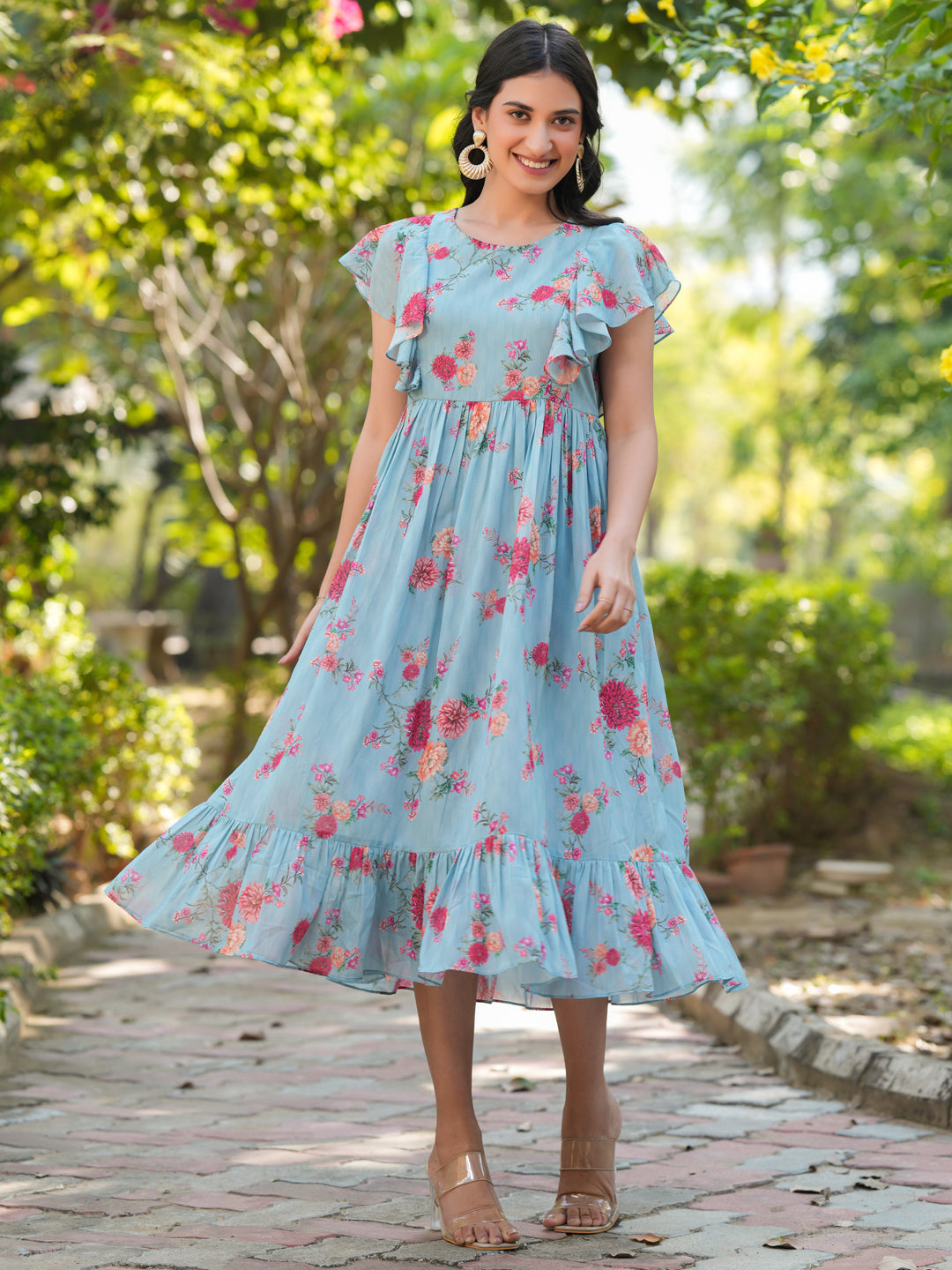 Janasya Bright Georgette Floral Tiered Dress | Swadesiicart