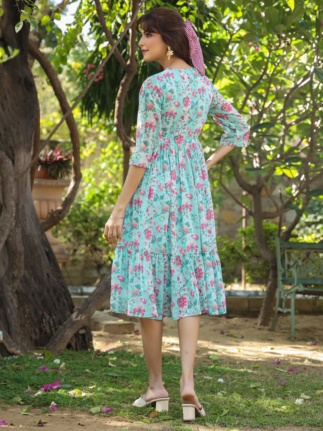Janasya Bright Georgette Floral Tiered Dress | Swadesiicart