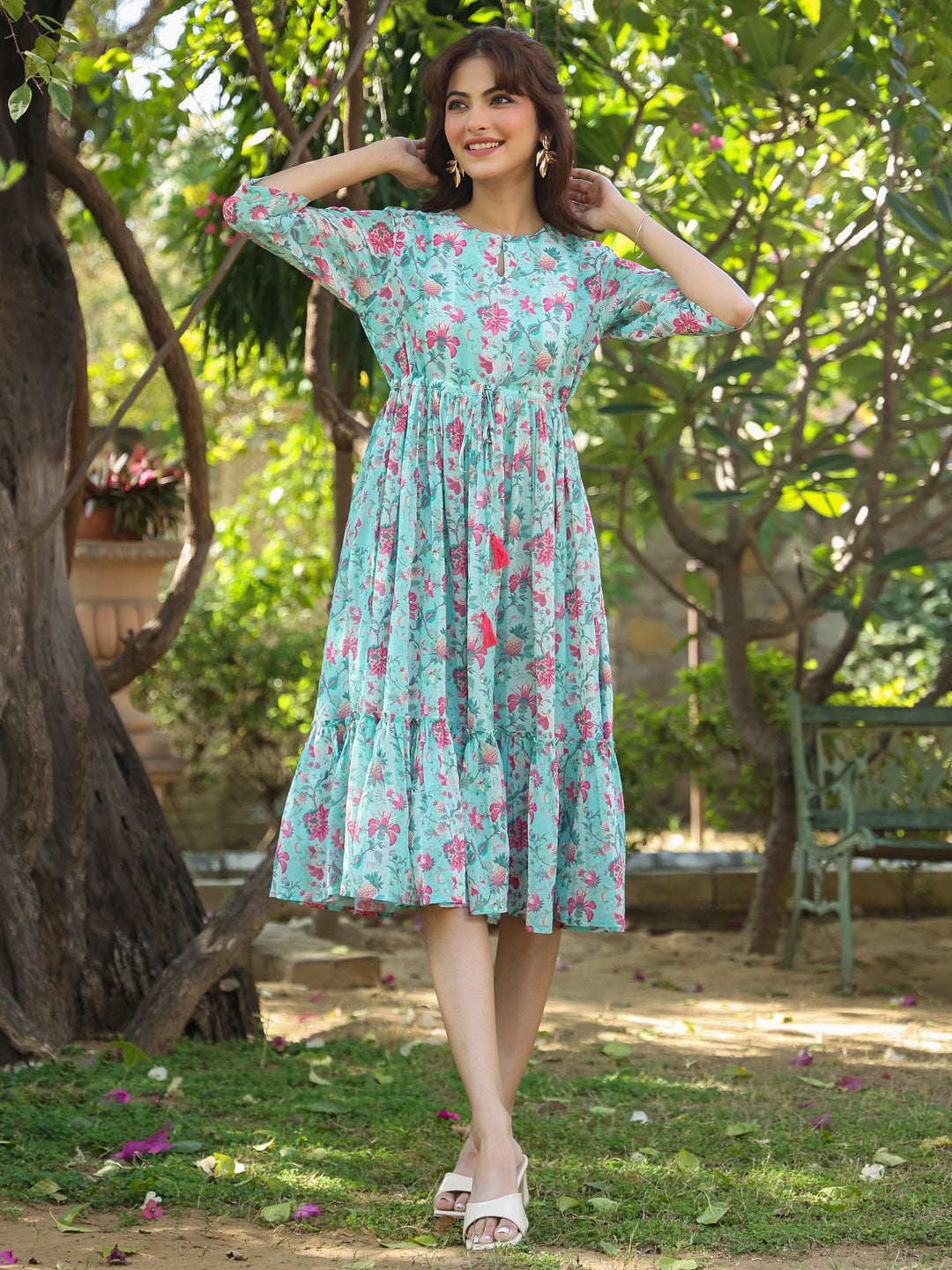 Janasya Bright Georgette Floral Tiered Dress | Swadesiicart