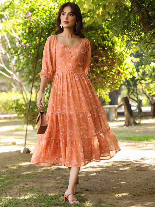 Janasya Bright Georgette Floral Tiered Dress | Swadesiicart