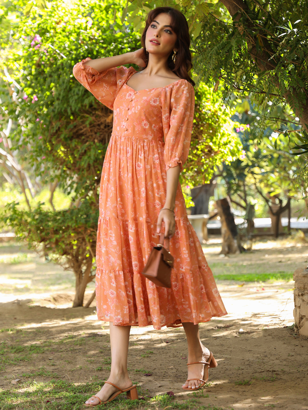 Janasya Bright Georgette Floral Tiered Dress | Swadesiicart