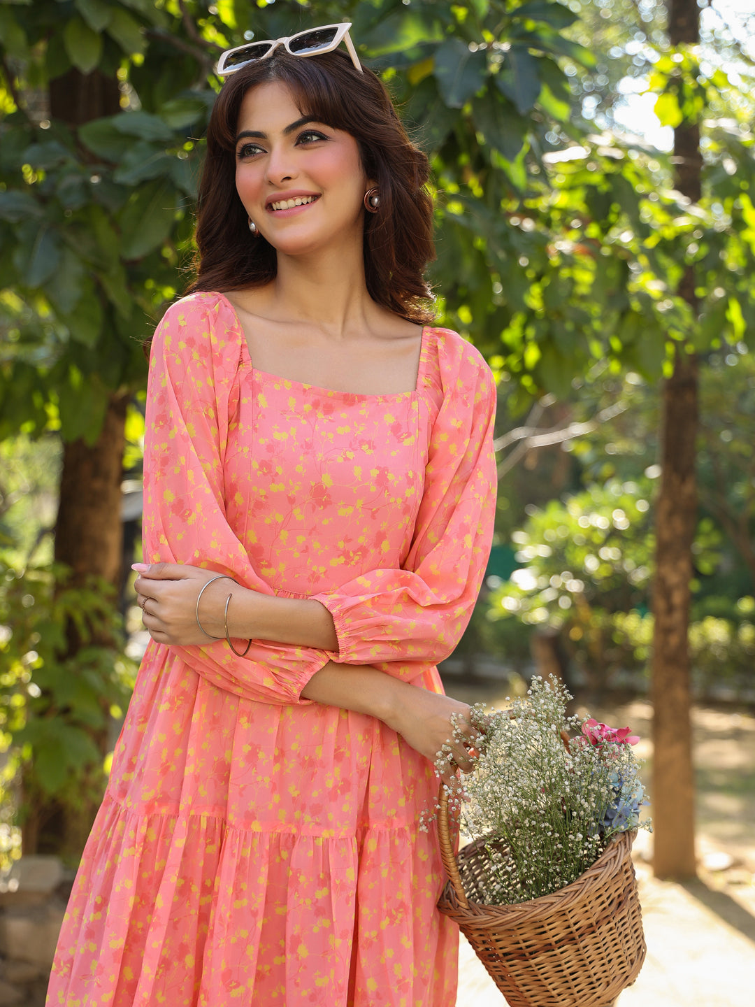 Janasya Light Georgette Floral Tiered Dress | Swadesiicart