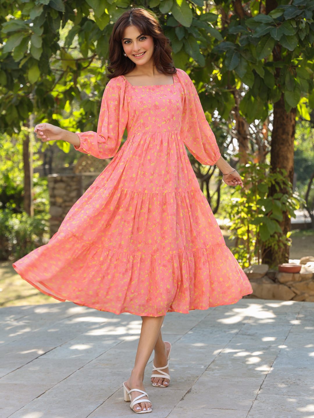 Janasya Light Georgette Floral Tiered Dress | Swadesiicart