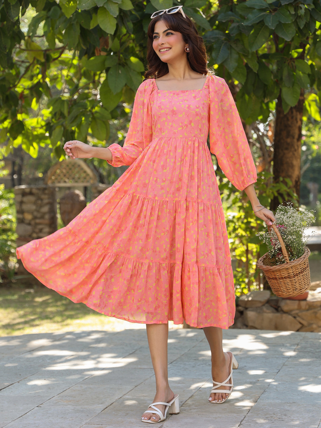 Janasya Light Georgette Floral Tiered Dress | Swadesiicart