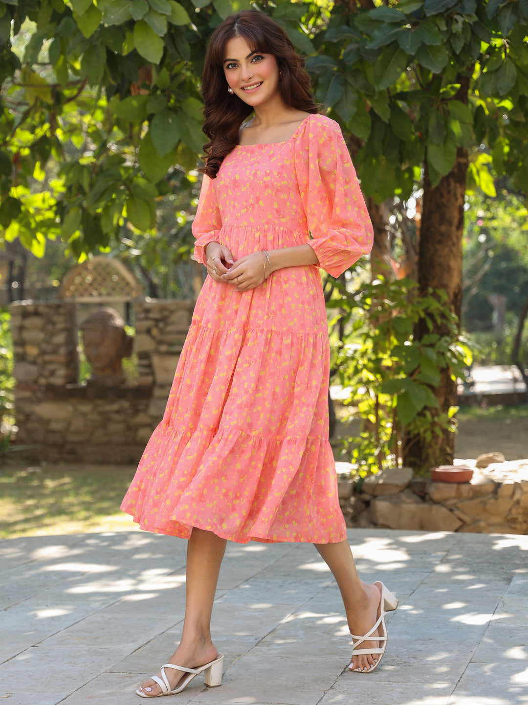 Janasya Light Georgette Floral Tiered Dress | Swadesiicart