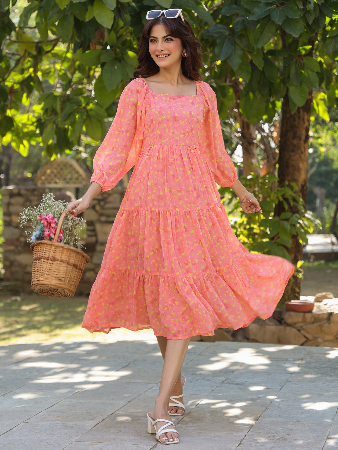 Janasya Light Georgette Floral Tiered Dress | Swadesiicart