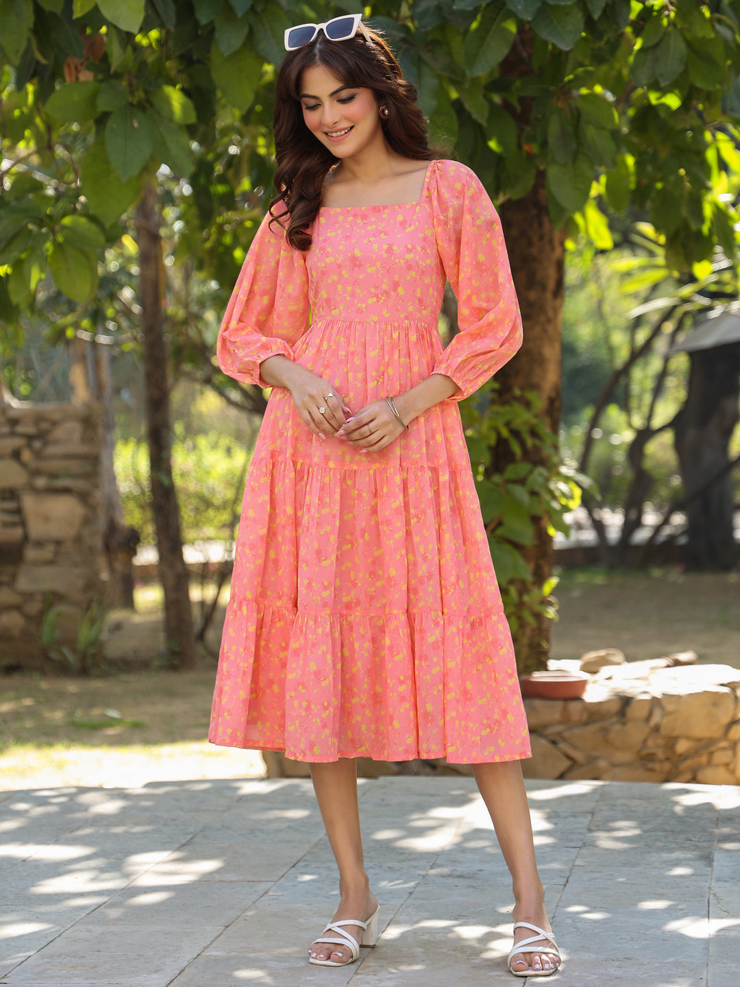 Janasya Light Georgette Floral Tiered Dress | Swadesiicart